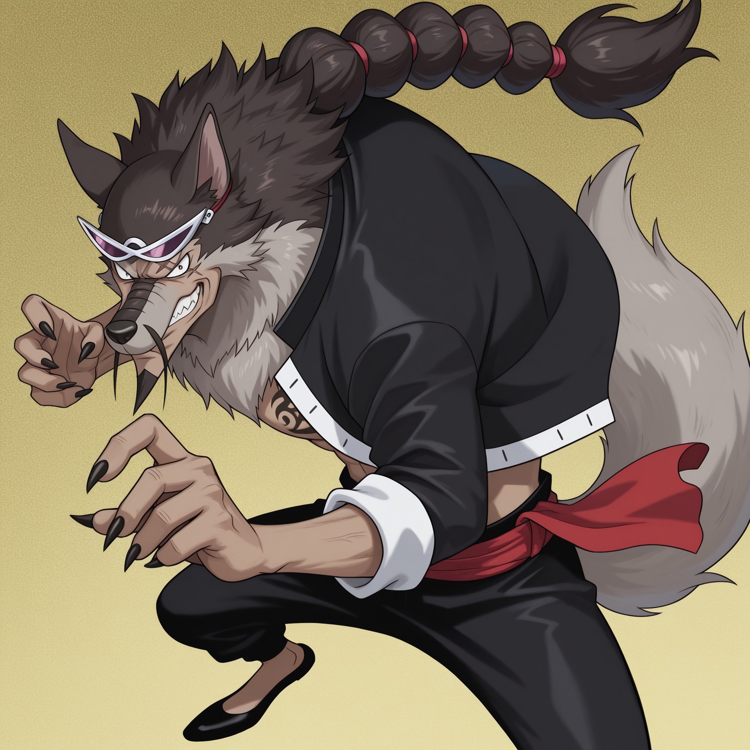 OPJabra, Solo, 2d, furry, furry male, wolf boy, wolf ears, black pupils, small pupils, long single braid, facial hair, large wolf tail, dipstick tail, black jacket, open jacket, red sash, black pants, scar, pointed goatee, long snout, mustache, black claws, sunglasses on head, gray fur, black hair, black shoes, animal ears, body fur, tattoo, long sleeves, furrification, 

BREAK red abstract background, grinning, looking at viewer, fighting stance, upper body focus 