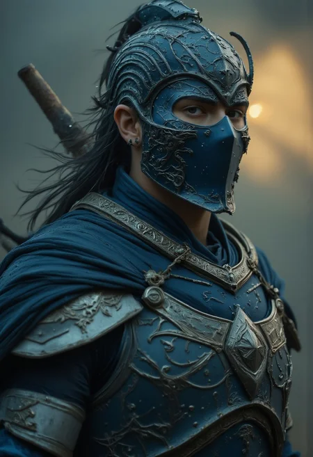 DetailLed Closeup Portrait of an Elysium armored ninja, atmospheric backlight, atmospheric Haze,