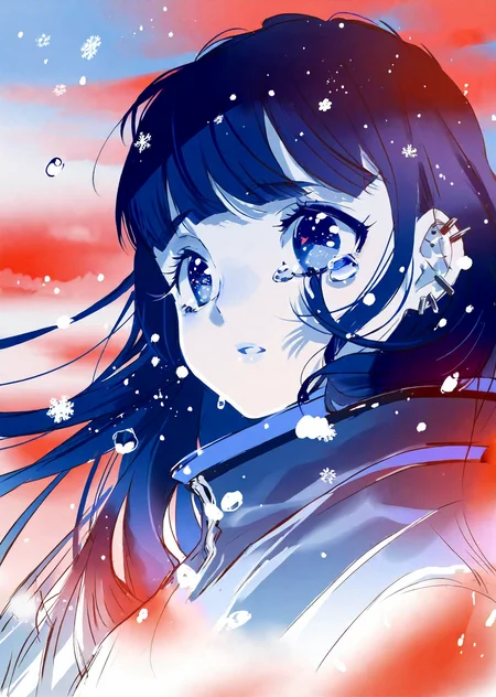 by ajimita,
portrait of a female
sad, cry
blue tone
snow
extremely beautiful detailed piercing eyes,
cinematic scene, scenery, detailed background, masterpiece, best quality, high quality, highres, absurdres, very detailed, high resolution, sharp, sharp image, 8k, vivid, colorful, stunning, anime