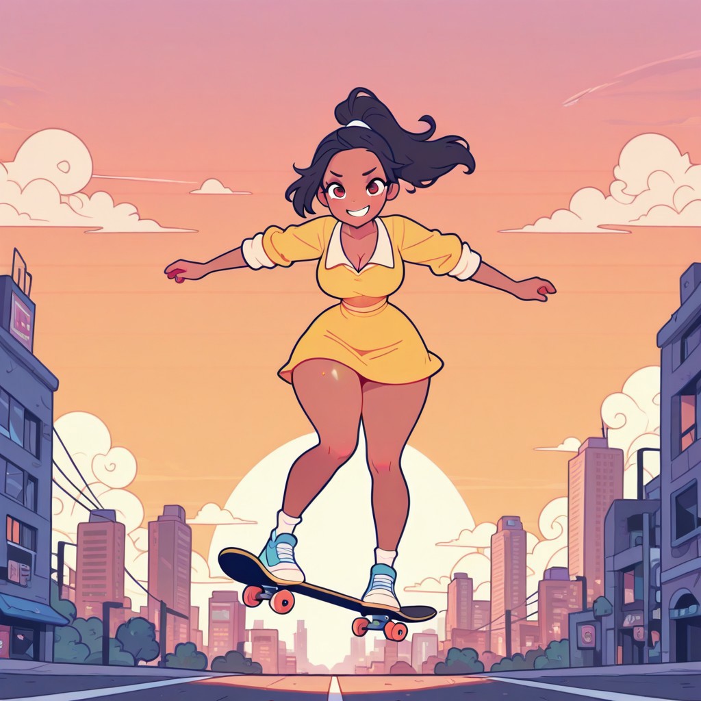 masterpiece,best quality,amazing quality,
Flatline, Flat vector illustration,
tianaxd, dark skin, dark-skinned female, black hair, brown eyes,yellow shirt, ponytail, long sleeves, yellow skirt,
girl skateboarding, big breasts, cleavage, slim waist, wide hips, round butt, thicc, thick thighs, mischievous expression, mischievous grin, facing viewer, retrofuturistic city, cirrus clouds, sunset, windy,