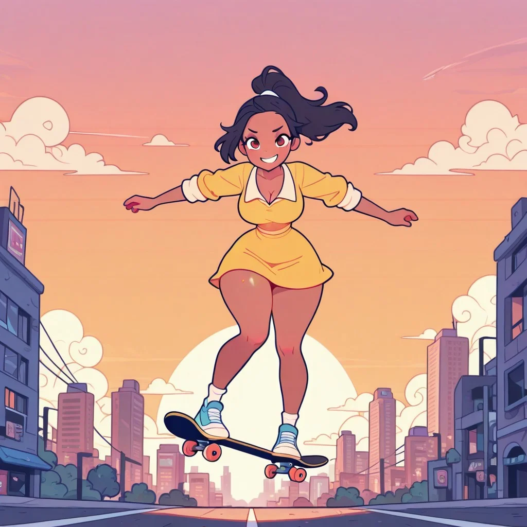masterpiece,best quality,amazing quality,
Flatline, Flat vector illustration,
tianaxd, dark skin, dark-skinned female, black hair, brown eyes,yellow shirt, ponytail, long sleeves, yellow skirt,
girl skateboarding, big breasts, cleavage, slim waist, wide hips, round butt, thicc, thick thighs, mischievous expression, mischievous grin, facing viewer, retrofuturistic city, cirrus clouds, sunset, windy,