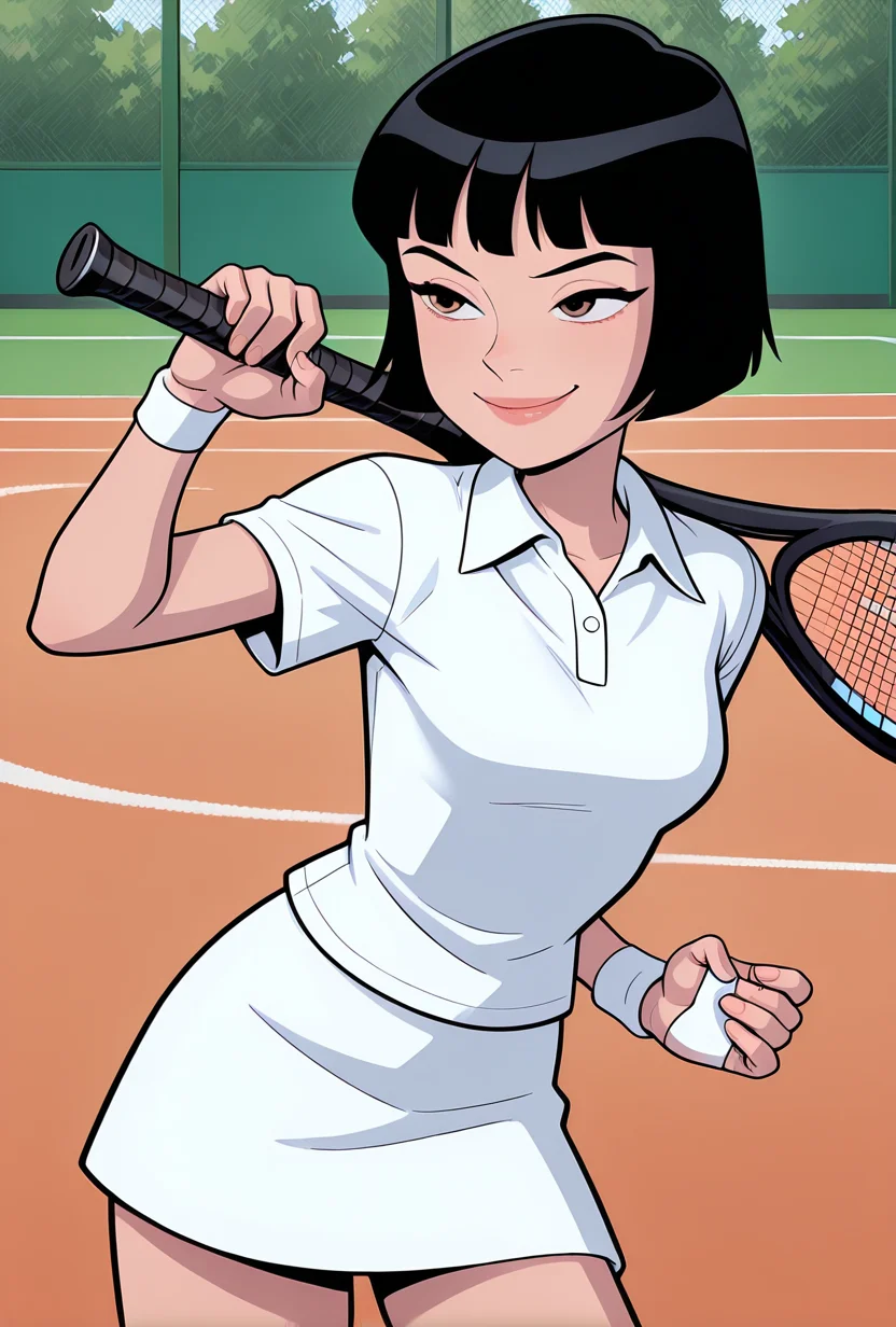cartoon, screencap, <lora:julieaf:1> julieaf, 1girl, short hair, black hair, lips, white skirt, white shirt, collar, short sleeves, , smile, pose, expressive face, playing tennis, tennis match, holding tennis bat,, masterpiece, best quality, amazing quality, very aesthetic, absurdres, newest,