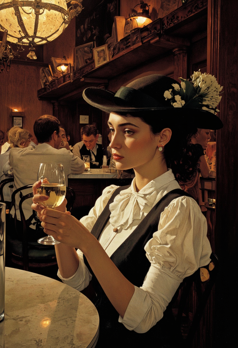 Art by Norman Rockwell. A photo-realistic shoot from a profile camera angle about a woman sitting at a table in a dimly lit bar, holding a glass of white wine, wearing a stylish hat and a vest. the image also shows a woman in the middle of the image, who appears to be a young adult, with a serious expression and dark hair styled in loose curls. she is wearing a white blouse with a ruffled collar and a black vest over a white shirt, and a wide-brimmed hat with a flower on it. her eyes are looking to the side, and she is holding a small glass of wine in her right hand. the woman is sitting in a relaxed pose, with her upper body facing the viewer, and her gaze is directed towards the viewer. the background features a chandelier hanging from the ceiling and other patrons in the background, creating a warm and cozy atmosphere. the lighting is soft and warm, casting gentle shadows, and the image has a vintage feel to it, giving it a classic and elegant look.