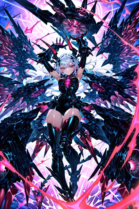 fc_mechanical_full_armor, 1girl, solo, cinematic angle, looking at viewer, dragon horn, mechanical wings, crystal dragon girl, Red eyes, Ruby crystals, shoulder armor, glowing Line, energy cannon, black claws, Artillery, full armour, mechanical arms, harp focus, dynamic lighting, Depth of field,  4k wallpaper, mechanical parts, exhaust, [(pattern background:1.2)::0.2], (science_fiction background:1.2), masterpiece, best quality, amazing quality, very aesthetic, absurdres, highres, newest, intricate details, high contrast, eyelashes, brilliant skin, shiny skin, perfect hand, <lora:Futtora's_Crystal_Dragon_Full_armor001:1>fc_mechanical_full_armor,gitantic long mechanical twin cannon, <lora:illustrious_quality_modifiers_masterpieces_v1:1> <lora:enhancerV4-pony:1>