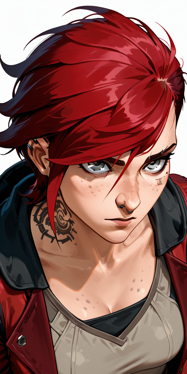 ydstlvi, 1girl, solo, breasts, short hair, bangs, simple background, shirt, white background, jewelry, grey eyes, closed mouth, jacket, upper body, red hair, open clothes, classicviolet, hood, from above, looking at viewer, open jacket, tattoo, profile, piercing, ear piercing, red jacket, freckles, neck tattoo, nose piercing, vi \(league of legends\)  <lora:ydstlvi:1>