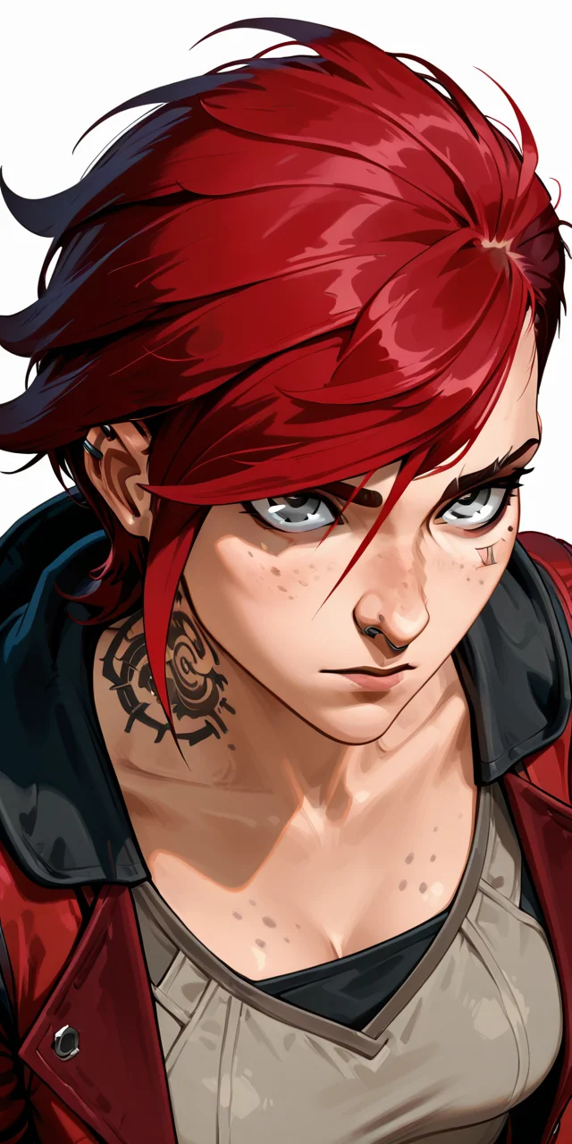 ydstlvi, 1girl, solo, breasts, short hair, bangs, simple background, shirt, white background, jewelry, grey eyes, closed mouth, jacket, upper body, red hair, open clothes, classicviolet, hood, from above, looking at viewer, open jacket, tattoo, profile, piercing, ear piercing, red jacket, freckles, neck tattoo, nose piercing, vi \(league of legends\) <lora:ydstlvi:1>