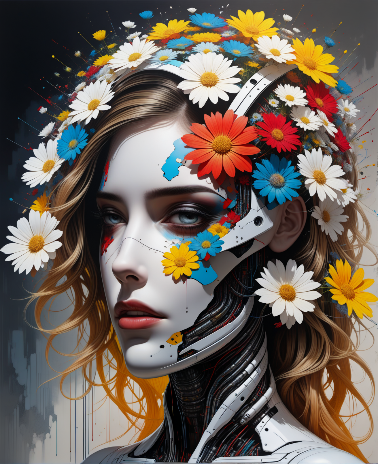 flower,In The Distance,masterpiece,best quality, <lora:SandraChevrierXL:0.8>,sachr style,futuristic,religious,aesthetic (abstract warpaint),8k,awardwinning,trending on artstation and deviantart
