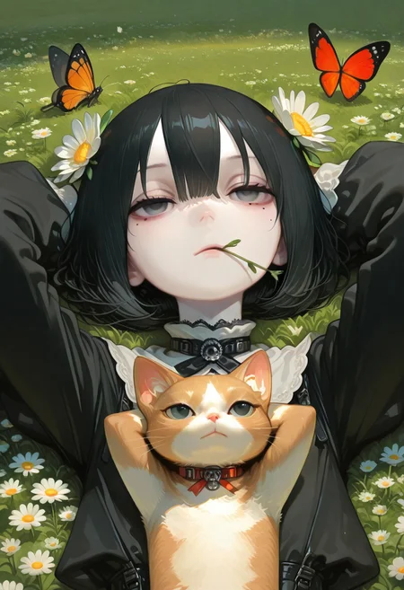 1girl, solo, black hair, bob cut, hair between eyes,  hair flower, solid black eyes, detailed eyes, mole under eye, expressionless, closed mouth,(pale skin:0.7), goth fashion, arms behind head, on back, stalk in mouth, daisy flower, mouth hold, animal, ginger cat, solo, meadow, flowers, butterfly, lush nature, from above, close up,scenery, no lineart, no outline,anime style, S4bit4mago_illu,EDA