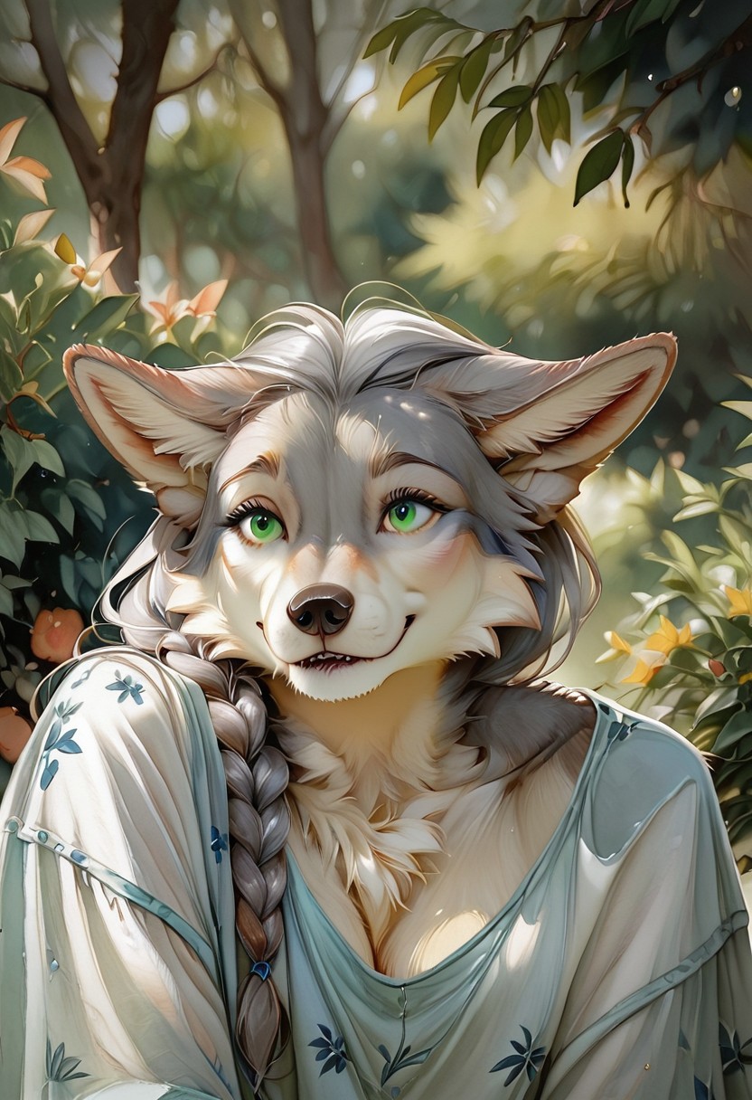 score_9, score_8_up, score_7_up, realistic, duo, 1 girl, 1 boy, girl leans on boy, boy is anthro wolf in elegant clothing holding female anthro. Girl is slender anthro female wolf  with green eyes, gray fur, furry, fluffy fur, fluffy wolf tail, elegant floral dress,  furry hands,  smile, head rest on shoulder of male anthro, head rests on shoulder. 
watercolor \(medium\), traditional media, braided gray hair, gray twin braids, (ears folded back), folded ears, park,