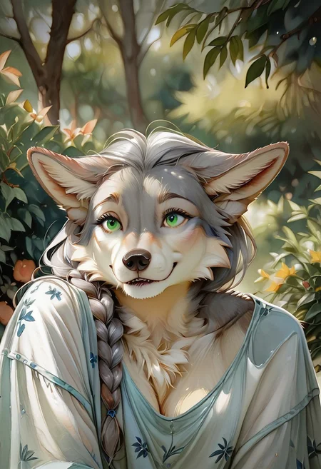 score_9, score_8_up, score_7_up, realistic, duo, 1 girl, 1 boy, girl leans on boy, boy is anthro wolf in elegant clothing holding female anthro. Girl is slender anthro female wolf  with green eyes, gray fur, furry, fluffy fur, fluffy wolf tail, elegant floral dress,  furry hands,  smile, head rest on shoulder of male anthro, head rests on shoulder. 
watercolor \(medium\), traditional media, braided gray hair, gray twin braids, (ears folded back), folded ears, park,