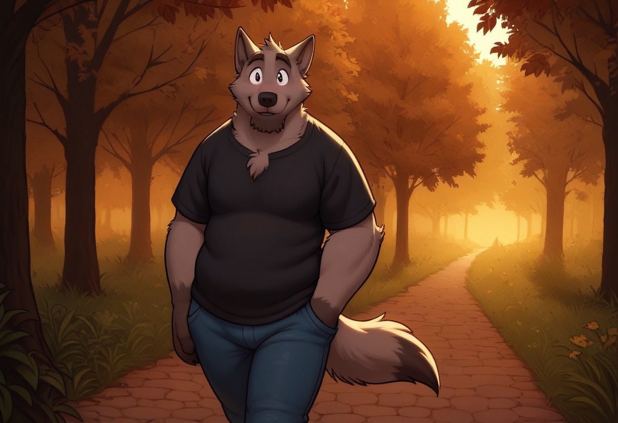 score_7, score_8, score_9, dynamic lighting, detailed background, background is park, trees, walking path, benches, sunny, (close up), cowboy shot,
BREAK 
Solo, 1 male, single male, anthro, furry male, male wolf, Doug, grey fur, animal nose, black eyes, black hands, black feet, feet claws, chest fur tuft, black wolf tail, pointy ears, chubby, tall, big hands,
BREAK 
standing, looking at viewer, smiling, shy, jeans, black t shirt, hands in pockets