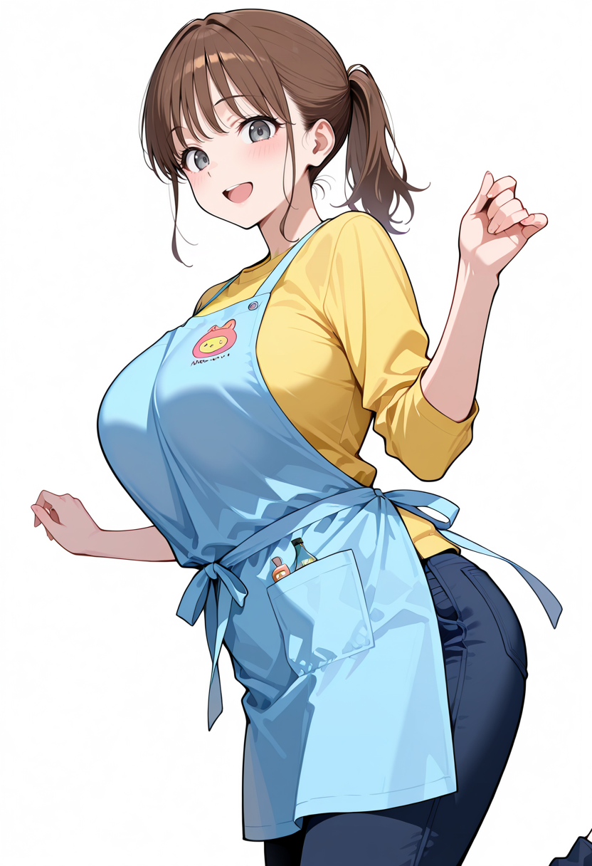 best quality, amazing quality cowboy shot, simple background,((outlined outlined vector graphics)), simple background, cowboy shot, simple background, white background,
1girl, 20yo, brown hair, gray eyes, (large breast:1.1), (ponytail:1.1), medium hair,(curvy:1.1),bangs ,cute face, solo,
 side view ,  looking down ,  looking at viewer , smile, peaceful, 
, shirt,pants, nursery teacher, nursery-teacher-apron, smile,open mouth , blue apron,   jumping,  ,  , ,
 <lora:nursery-teacher-apron-il-01:0.7>