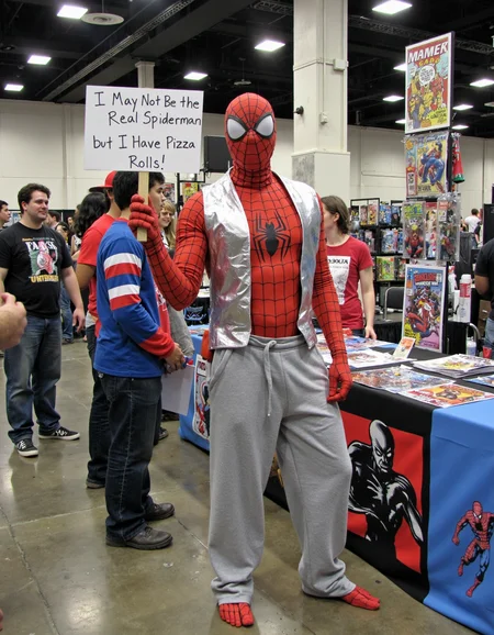In a full-body shot at a comic book convention, a lanky guy dressed as a very homemade version of Spider-Man (think duct tape and sweatpants) stands proudly in front of a booth. Heâs holding a sign that reads: "I May Not Be the Real Spiderman, but I Have Pizza Rolls!" His expression is one of pure determination, as if heâs convinced this will somehow save the city. Other cosplayers in the background, dressed much more professionally, give him a mix of pity and admiration. The scene is filled with comic book posters, action figures, and a crowd of excited fans, but DIY Spider-Man is the real star of this hilarious moment <lora:amateurphoto-v6-forcu:0.8>
