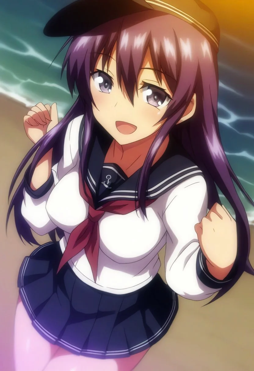 score_9,score_8_up,score_7_up,source_anime,anime, (nsfw:1.0), BREAK,
JoshiLuck_AnimeStyle,
(cute),1girl, akatsuki (kancolle), (medium breasts), purple hair, long hair, hair between eyes, purple eyes,
serafuku, black flat cap, black sailor collar, black mini skirt, long sleeves, neckerchief, red neck ribbon, sailor collar,
looking at viewer,
smile, cheerful, open mouth,
(any pose),
angle:random,
outdoors, shiny light, beach,