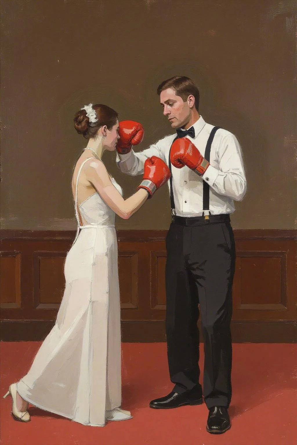 euanuglow1 painting of a man and a woman boxing at a wedding. They are wearing red boxing gloves. <lora:euanuglow1_cap_d6aee11:1.0><lora:845540161623247320:0>