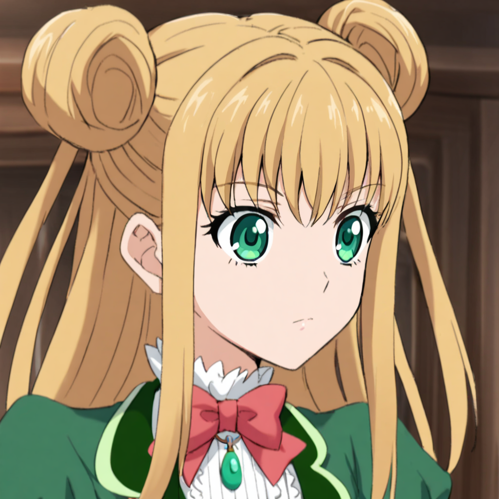 1girl, portrait <lora:CeciliaXL:1> Cecilia, blonde hair, tailbone length hair, green eyes, red bow, green pendant, two buns,
