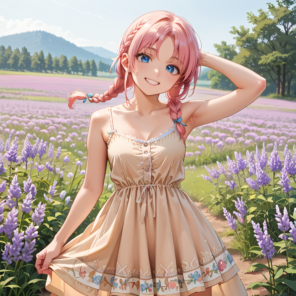 score_9, score_8_up, score_7_up,source_anime, 1woman, cowboy shot, (pale skin:0.9),  pink hair,  head tilt, photo pose,  braid, braided bangs, blue eyes, smile, medium breast, beige dress,
lavender field, depth of field,   <lora:Short_boho_dress_sleeveless:0.6>  short_boho_dress, sleeveless, button strip, drawstring, spaghetti strap