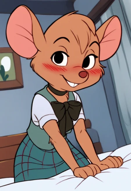 score_9, score_8_up, score_7_up, score_6_up, score_5_up, 1girl, solo,
 <lora:Olivia Flaversham (The Great Mouse Detective) (Pony):1>
Olivia_F, furry female, body fur, brown fur, animal nose, mouse ears, animal ears, hair ribbon, short hair,
choker, grin, teeth,
(leggings), cowgirl outfit, vest,
seductive pose, dutch angle,
indoors, (detailed background), bedroom, bed,
looking at viewer, coy smile, flirtatious look,
sultry expression, blush,