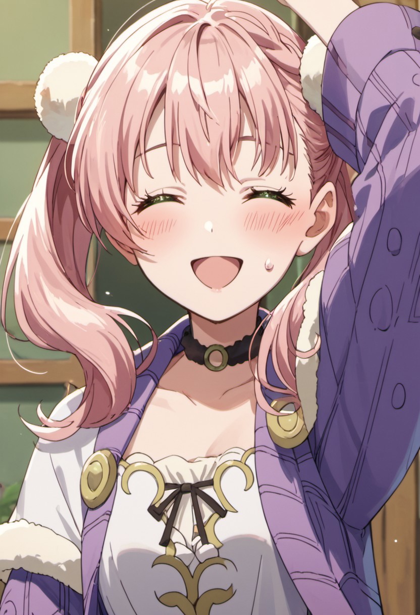 score_9, score_8_up, score_7_up, source_anime, escha malier, twintails, pink hair, green eyes, 1girl, solo, closed eyes, anime coloring, open mouth, smile, choker, braid, arm up, blush, sweatdrop, upper body