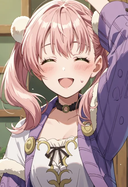 score_9, score_8_up, score_7_up, source_anime, escha malier, twintails, pink hair, green eyes, 1girl, solo, closed eyes, anime coloring, open mouth, smile, choker, braid, arm up, blush, sweatdrop, upper body