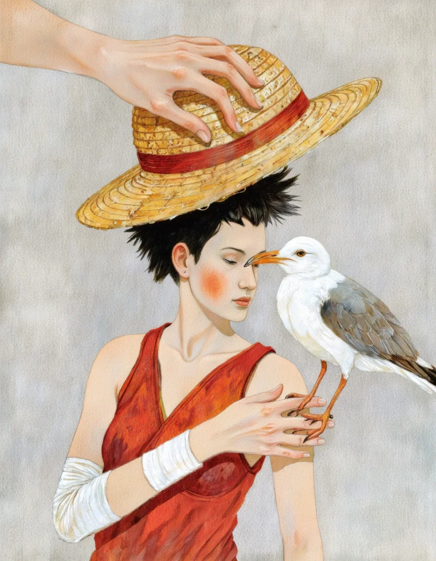 By Taiyo Matsumoto. A surreal illustration featuring a young woman with short black hair, wearing a red sleeveless top, reaching towards a seagull perched on her shoulder. the woman appears to be in her early twenties, with a slim body and a small nose. she is facing towards the right side of the image, with her eyes closed and a serene expression on her face. her hair is styled in a short, spiky manner, and she has a bandaged arm on her left arm. in the background, a large, yellow straw hat with a red ribbon is being held by a hand reaching towards her from the left side, while a white, fluffy bird with a long beak is perched on the woman's shoulder, looking up at her. the background is a simple, light grey color, and the overall style is reminiscent of traditional japanese art. <lora:Taiyo_Matsumoto-000008:1>