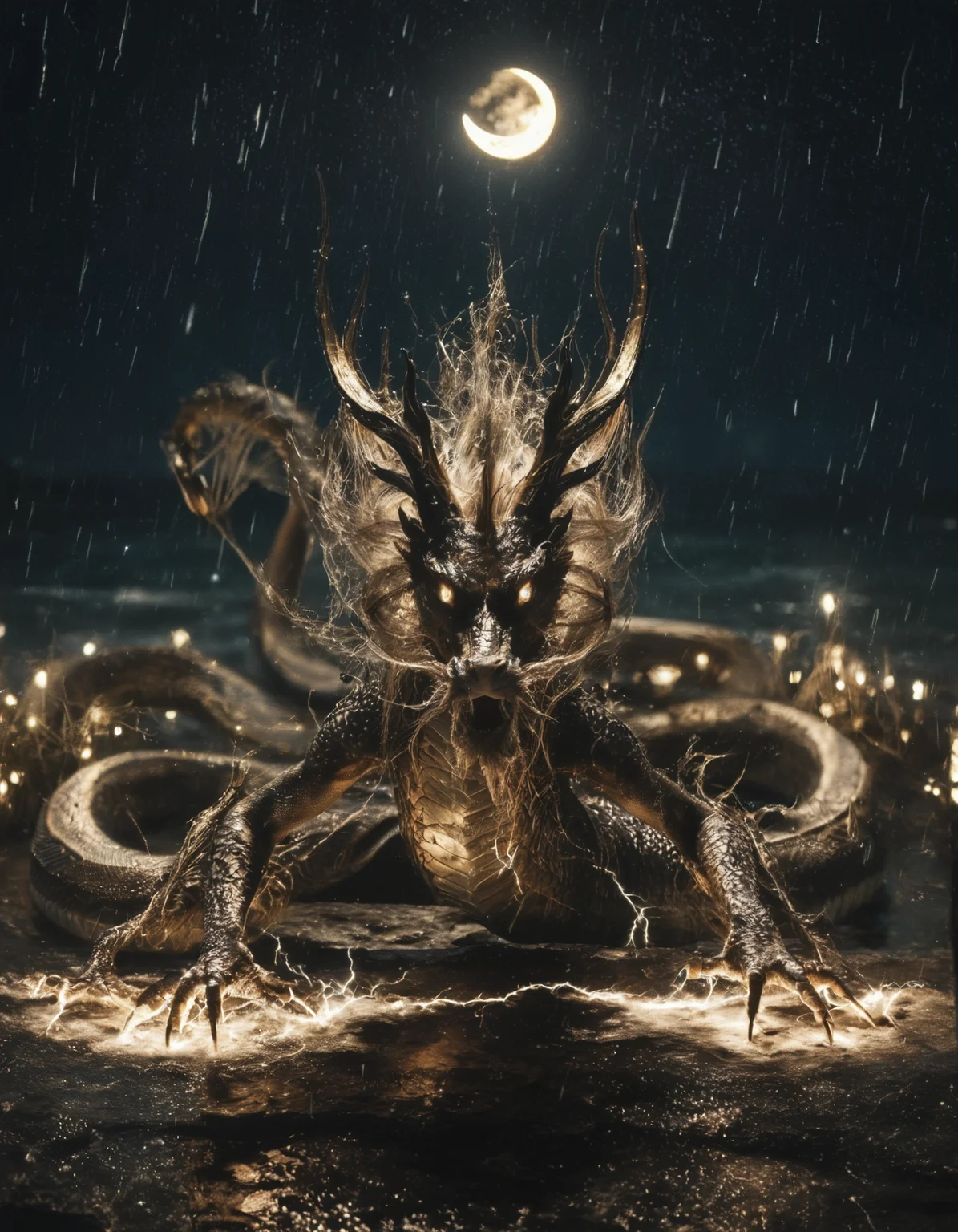 score_9, score_8_up, score_7_up, realistic, irl, photo, realism, ASCII Masterpiece, photorealistic, aesthetic erotic, drkdl, low key, dramatic lighting, dark theme, RetroBG elemental,  masterpiece BREAK  mythical beast, oriental dragon, Kang the Metal Dragon, eastern dragon, (four claws), on the sky, Long snake-like body, full body, horns, long beard, black gold scales, electricity, lighting, hover, storm, blue theme, dark, magic, glow, starry sky, dreamy atmosphere, shallow depth of field,  bluescene, rain, wet, night, silhouette, ocean, crescent moon,    Complex background. mythological theme, award-winning photo,  BREAK (realistic photograph:1.4), in a dark fantasy style,  detailed eyes, detailed background, bokeh, 8k, dark lighting, volumetric lighting,  , <lora:SDXL\-  Pony\-  Character\Kang the Metal Dragon-pony-v20.safetensors:0.4> <lora:SDXL\-  Pony\-  space\Blue_Scene.safetensors:0.8> <lora:SDXL\-  Pony\-  styles\Hyperrealistic_mix.safetensors:0.6> <lora:SDXL\-  Pony\-  styles\-  BSS - Styles for Pony Realism\DRKDL-R.safetensors:0.5> <lora:SDXL\-  Pony\-  styles\RetroLuxe World Morph - Pony.safetensors:0.6>