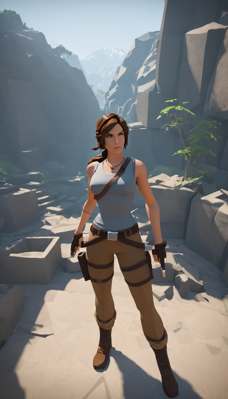 low-poly style Cinematic scene, hero view, Lara Croft <lora:lara_croft_xl_v2:1>, action pose, detailed background, masterpiece, best quality, high quality, highres, absurdres . low-poly game art, polygon mesh, jagged, blocky, wireframe edges, centered composition