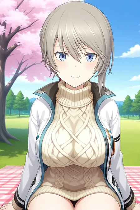 <lora:alicegear_adelaide_ilxl:1>masterpiece, best quality, alicegear_adelaide_ilxl, 1girl, solo, smile, large breasts, Cherry Tree, blue sky, sitting , picnic sheet, sweater, turtleneck, aran sweater, cable knit, looking at viewer, jacket, turtleneck sweater, ribbed sweater