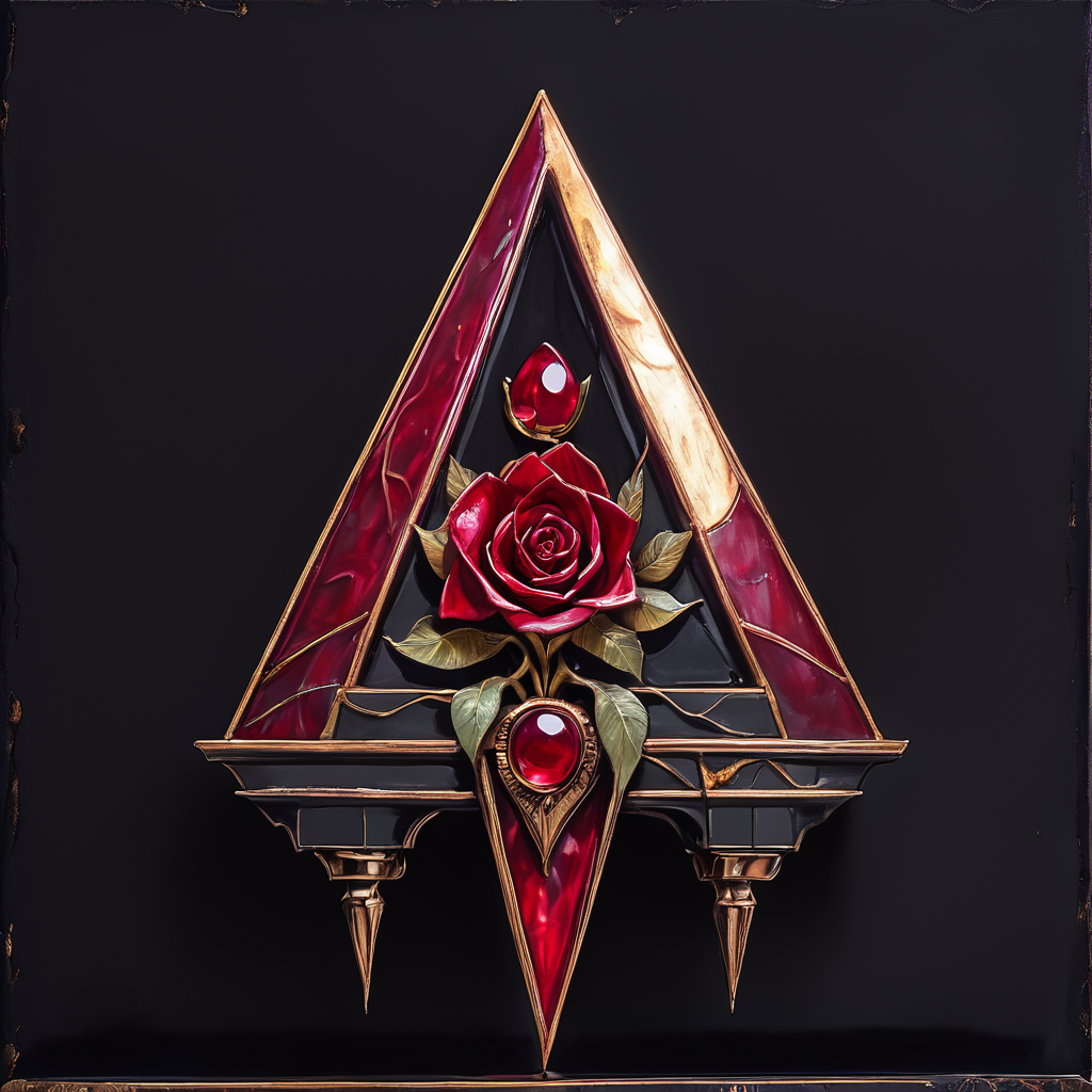 The image shows a red rose in the center of a triangle on a black background surrounded by a golden triangle. The rose is a deep red color and the triangle is a golden hue. The background is a stark black creating a striking contrast with the vibrant red of the rose., no humans, still life, flower, red flower, rose, traditional media, red rose, border, leaf, painting (medium), framed, red gemstone, acrylic paint (medium), coffin core_9, score_8_up, score_7_up,  <lora:Art_DecoPony:1> ArsMJStyle, Art Deco