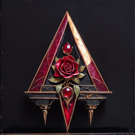 The image shows a red rose in the center of a triangle on a black background surrounded by a golden triangle. The rose is a deep red color and the triangle is a golden hue. The background is a stark black creating a striking contrast with the vibrant red of the rose., no humans, still life, flower, red flower, rose, traditional media, red rose, border, leaf, painting (medium), framed, red gemstone, acrylic paint (medium), coffin core_9, score_8_up, score_7_up, <lora:Art_DecoPony:1> ArsMJStyle, Art Deco