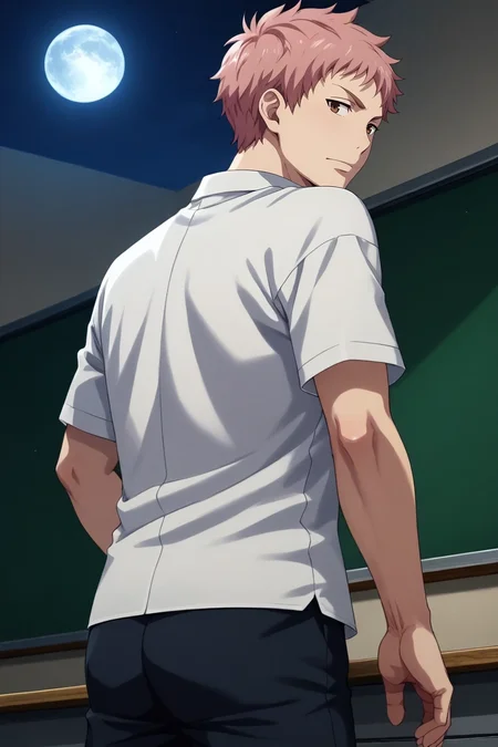 score_9, score_8_up, score_7_up, source_anime, rating_safe, intricate details, (realistic:0.6), , , 1boy, solo, male focus, <lora:renzou_shima_pony:1>, renzou_shima, pink hair, brown eyes, short hair, wide angle, wide shot, cowboy shot, classroom, night, full moon, ass, distracted, aloof, oblivious, , <lora:sdxl_lightning_8step_lora:1>
