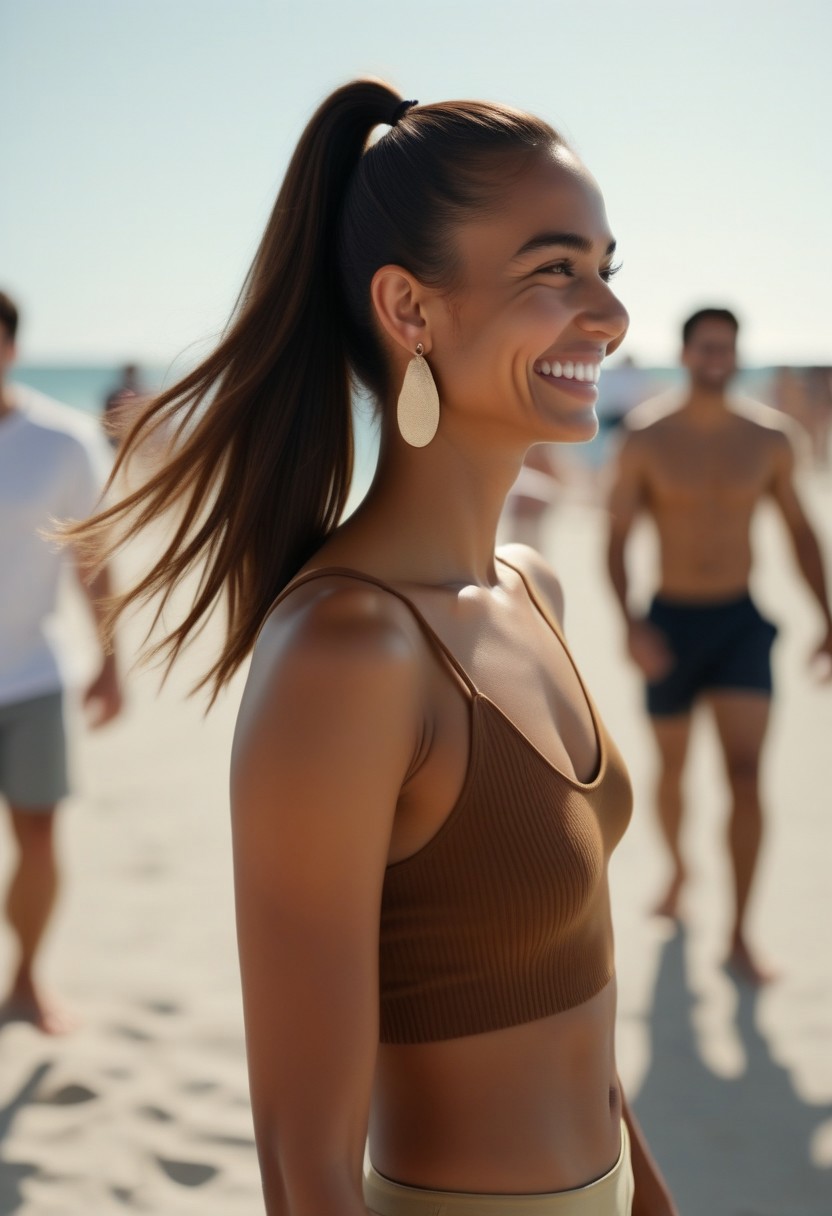 close-up view of a 24-year-old woman with brown hair, Brazilian ponytail, tanned skin, quarter turn, 1/4 turn, outside at the beach with people walking around, earrings, curtain bangs, day, smile, high-arching ponytail, hairties