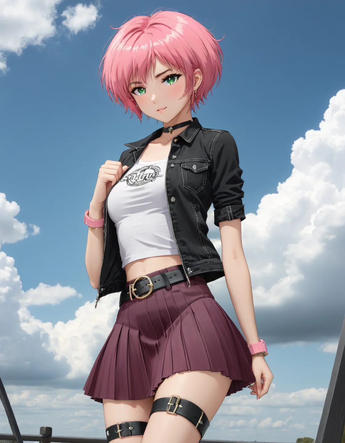 1girl,ass_visible_through_thighs,bangle,bass_guitar,belt,black_belt,black_choker,black_jacket,black_wristband,blue_sky,blush,bracelet,cable,choker,clothes_around_waist,cloud,cowboy_shot,day,fingernails,halo,holding,holding_instrument,instrument,jacket,jacket_around_waist,jewelry,long_fingernails,looking_at_viewer,multiple_rings,open_mouth,outdoors,pleated_skirt,print_shirt,railing,ring,shirt,shirt_tucked_in,short_sleeves,skirt,sky,standing,sweat,t-shirt,thigh_belt,thigh_gap,thigh_strap,wavy_mouth,black_shirt,pink_skirt,<lora:Aelita_code_lyoko_For_SDXL_V1.0:0.5>,small breasts,green eyes,pink hair,short hair,unaestheticXL_Alb2,
