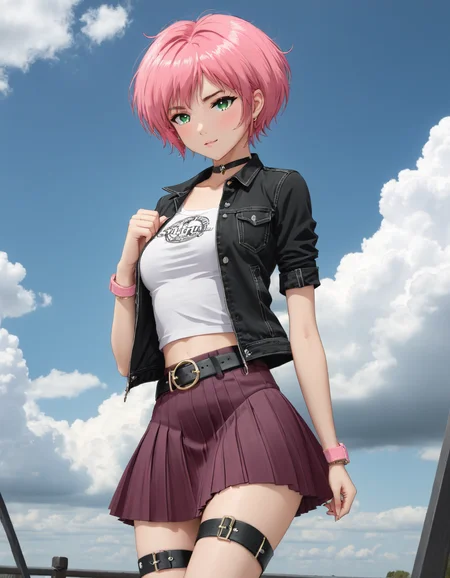 1girl,ass_visible_through_thighs,bangle,bass_guitar,belt,black_belt,black_choker,black_jacket,black_wristband,blue_sky,blush,bracelet,cable,choker,clothes_around_waist,cloud,cowboy_shot,day,fingernails,halo,holding,holding_instrument,instrument,jacket,jacket_around_waist,jewelry,long_fingernails,looking_at_viewer,multiple_rings,open_mouth,outdoors,pleated_skirt,print_shirt,railing,ring,shirt,shirt_tucked_in,short_sleeves,skirt,sky,standing,sweat,t-shirt,thigh_belt,thigh_gap,thigh_strap,wavy_mouth,black_shirt,pink_skirt,<lora:Aelita_code_lyoko_For_SDXL_V1.0:0.5>,small breasts,green eyes,pink hair,short hair,unaestheticXL_Alb2,