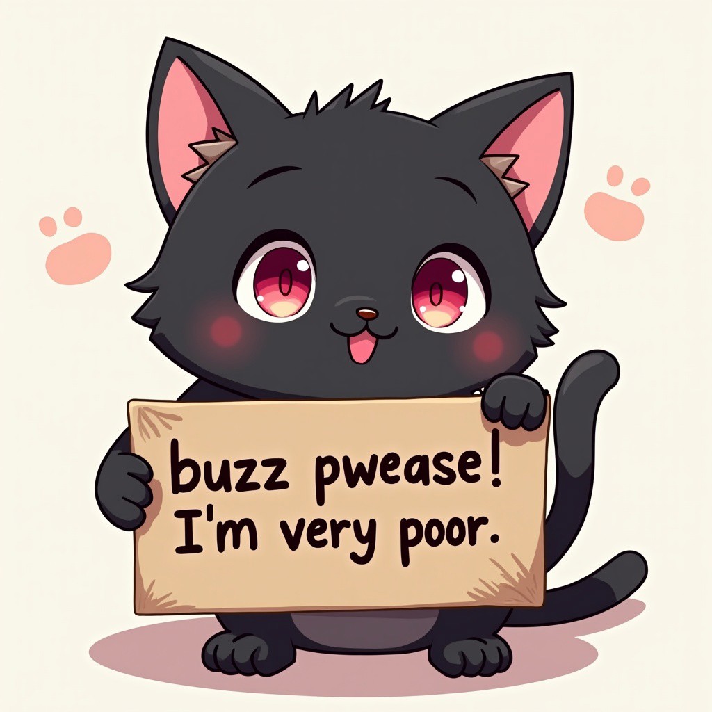 Cat, Cute Cat, Holding a sign that says 'buzz pwease! I'm very poor.' on the front, extremely cute black cat with pink eyes, in anime art style, kawaii, detailed, looking at viewer