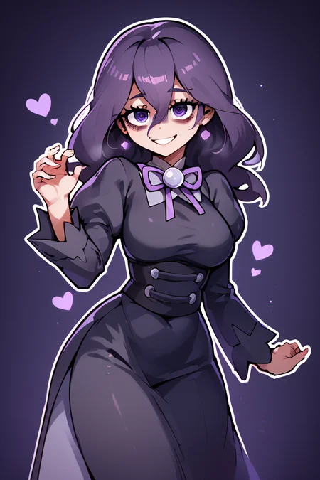 score_9, score_8_up, score_8, medium breasts, (curvy), cute, eyelashes, ,,, zzHexyZA, purple eyes, bags under eyes, hair between eyes, long hair, purple hair, long sleeves, bow, jewelry, black dress, purple dress, black pantyhose, juliet sleeves, purple bow, purple bowtie, ,<lora:HexManiacPokemonZA_PDXL:1.0>, ,,, BREAK, smile, looking at viewer, ,,, abstract background, white outline, cowboy shot, ,,, embedding:zPDXL, Expressiveh, ,,, <lora:CatalystStylePDXL:0.6>, <lora:SDXLFaeTastic2400:0.5>, <lora:Expressive_H-000001:0.4>,
