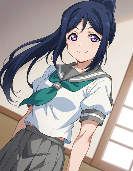 score_9, score_8_up, score_7_up, source_anime, <lora:kanan-matsuura-s2-ponyxl-lora-nochekaiser:1>, kanan matsuura, long hair, blue hair, purple eyes, ponytail, sidelocks,, skirt, school uniform, short sleeves, pleated skirt, serafuku, socks, neckerchief, kneehighs, black socks, green neckerchief, grey skirt, uranohoshi school uniform,, indoors, smile, looking at viewer, solo,, cowboy shot, dutch angle