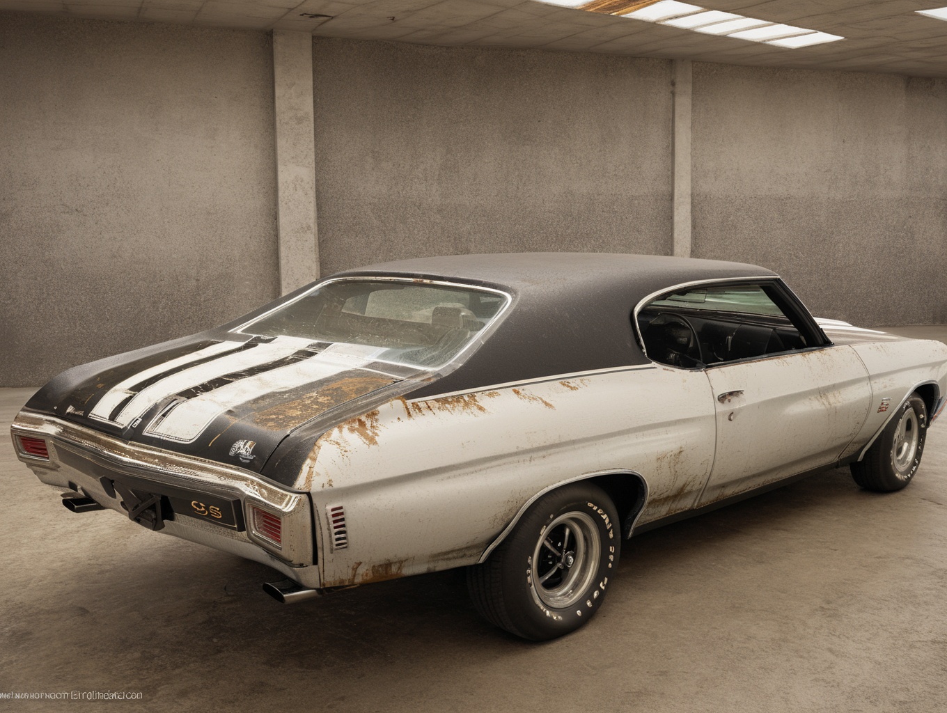 ((1970ChevelleSS_BLACKWHITE), rusty, scratches,
vault SZ_4poXL enviroment, in grocery store, water damage, debris, rubble,
3d render, cgi, symetrical, octane render, 35mm, bokeh, 9:16, (intricate details:1.12), hdr, (intricate details, hyperdetailed:1.15), (natural skin texture, hyperrealism, soft light, sharp:1.2)
<lora:Post ApocalypticXL_v2:0.6> <lora:add-detail-xl:1> <lora:TechPunkAI:0.6>  <lora:1970ChevelleSS_SDXL_v01:1>