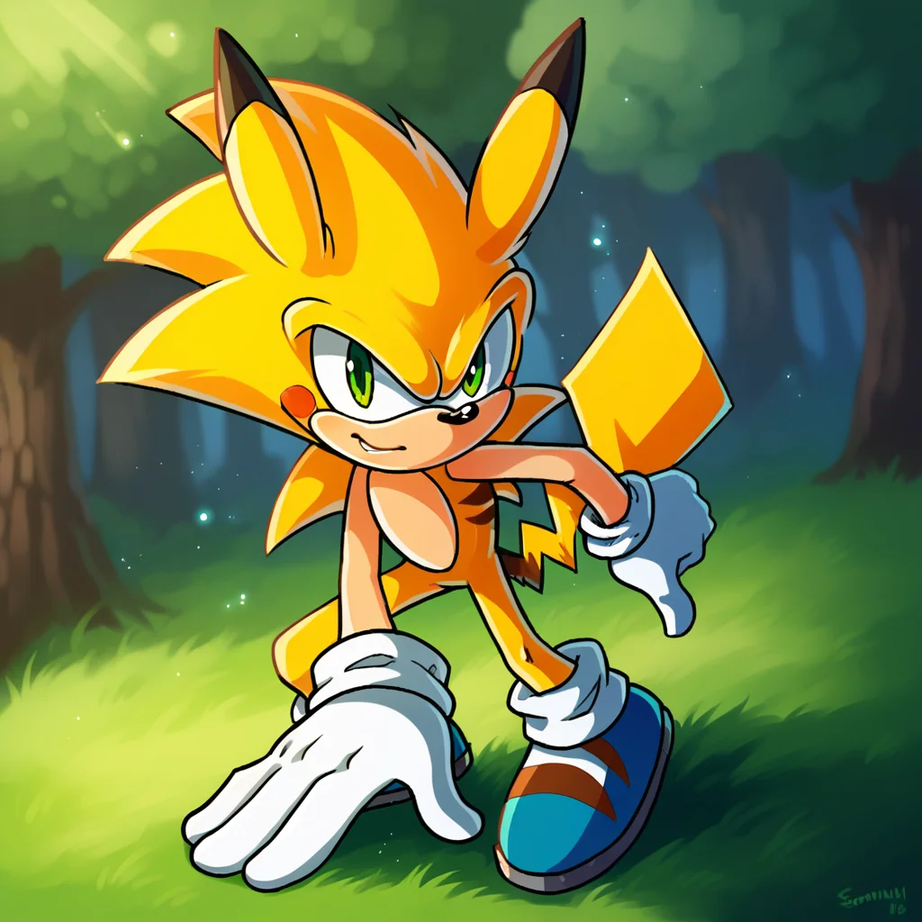 score_9_up, score_8_up, BREAK, source_furry, Sonichu, 1boy, solo, furry, yellow fur, green eyes, tail, white gloves, blue footwear, light particles, <lora:Sonichu_PXL_Leaf1:1>, looking at viewer, depth of field, outdoors, forest,