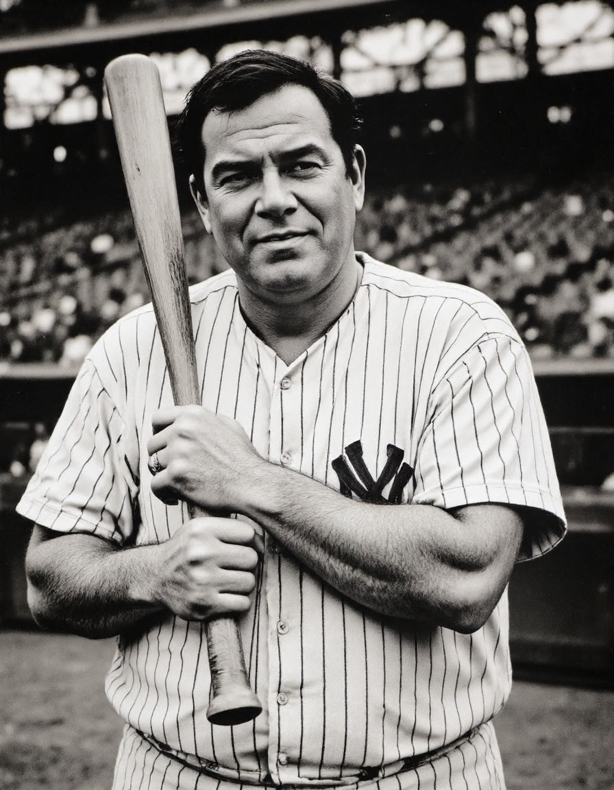 A black and white photograph of Babe Ruth, the legendary baseball player, standing at home plate in Yankees stadium, captured in a medium shot that emphasizes his inviting expression and relaxed stance. He has a medium build, with a rounded face, prominent nose, and a distinctive hairstyle, and his skin has a warm, gentle texture with visible pores. Ruth is dressed in his classic Yankees uniform, with the iconic pinstripes and a relaxed fit, and he wears a baseball glove on his left hand, while casually holding a baseball bat in his right, the wood grain visible in the available light. His facial expression is one of calm confidence, with a slight smile and a glint in his eye, as he gazes directly at the camera. The lighting is natural, with the available light of the stadium casting a soft glow on Ruth's face, and creating a sense of depth and dimensionality. The background is a blurred mixture of the stadium's seats and the playing field, with the occasional spectator or player visible in the distance. The image features a grainy texture, reminiscent of vintage photography, and is printed on matte paper, which adds to the overall sense of nostalgia and timelessness. The shot is a medium shot, framing Ruth from the waist up, and emphasizing his facial expression and body language, with a shallow depth of field that blurs the background and draws attention to the subject. The overall mood is one of relaxed intensity, capturing the essence of Ruth's personality and charisma. The image is rendered in a photorealistic style, with a focus on capturing the subtleties of Ruth's expression and the textures of his uniform and the baseball bat. <lora:ssf-black-white-contrast:1> <lora:Flux_Detailer_v3:0.6>