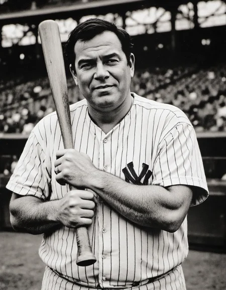 A black and white photograph of Babe Ruth, the legendary baseball player, standing at home plate in Yankees stadium, captured in a medium shot that emphasizes his inviting expression and relaxed stance. He has a medium build, with a rounded face, prominent nose, and a distinctive hairstyle, and his skin has a warm, gentle texture with visible pores. Ruth is dressed in his classic Yankees uniform, with the iconic pinstripes and a relaxed fit, and he wears a baseball glove on his left hand, while casually holding a baseball bat in his right, the wood grain visible in the available light. His facial expression is one of calm confidence, with a slight smile and a glint in his eye, as he gazes directly at the camera. The lighting is natural, with the available light of the stadium casting a soft glow on Ruth's face, and creating a sense of depth and dimensionality. The background is a blurred mixture of the stadium's seats and the playing field, with the occasional spectator or player visible in the distance. The image features a grainy texture, reminiscent of vintage photography, and is printed on matte paper, which adds to the overall sense of nostalgia and timelessness. The shot is a medium shot, framing Ruth from the waist up, and emphasizing his facial expression and body language, with a shallow depth of field that blurs the background and draws attention to the subject. The overall mood is one of relaxed intensity, capturing the essence of Ruth's personality and charisma. The image is rendered in a photorealistic style, with a focus on capturing the subtleties of Ruth's expression and the textures of his uniform and the baseball bat. <lora:ssf-black-white-contrast:1> <lora:Flux_Detailer_v3:0.6>