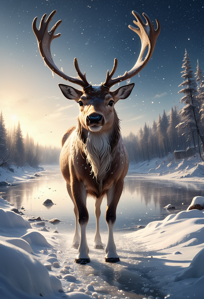(medium full shot) of (upper body shot , straight on) of reindeer shoveling snow, detailed face, located in a winter scene at a snow-covered frozen river during midday with sunny weather, illuminated by starry night, creating a joyful atmosphere, ,Masterpiece,best quality, photo, realistic, very aesthetic