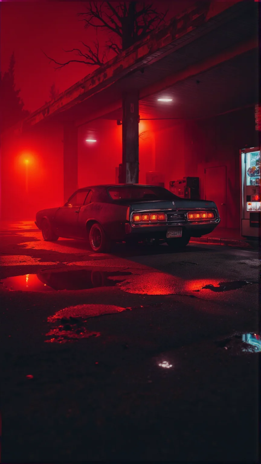 Remote gas station swallowed by crimson fog, blood-red glow from overhead lights staining the asphalt, old muscle car idling with taillights cutting through the mist, vending machine humming beside cracked fuel pumps, oily puddles reflecting distorted neon, shadows stretching unnaturally long, skeletal trees barely visible in the background â wide-angle cinematic shot, deep red monochromatic palette with faint charcoal accents, backlighting and heavy atmosphere, surreal and ominous mood
<lora:FluxDFaeTasticDetails:1>âââ