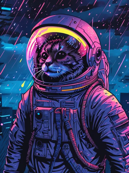 masterpiece,high resolution,<lora:retro-neon-xl-style:1>,
retro_neon, rain, solo, sky,dark astronaut suit, upper body, male focus, furry, colored sclera,