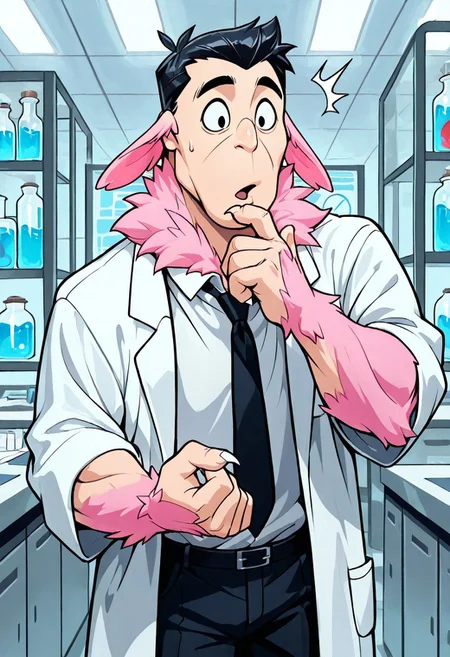 score_9, score_8_up, score_7_up, score_6_up, masterpiece, best quality, detailed eyes, detailed face, photorealistic, 3DMM, (solo, male, masculine, Professor Utonium transformation into fuzzy lumpkins, mid transformation, standing, pink arm fur, sharp claws, human face), (laboratory, beakers filled with different colored liquids, mature, black hair, short hair, black eyes, white shirt, black necktie, lab coat, white lab coat, black pants, lab coat sleeves ripped wide open), (large bicep muscles, wide open eyes), surprised, confused, coughing
