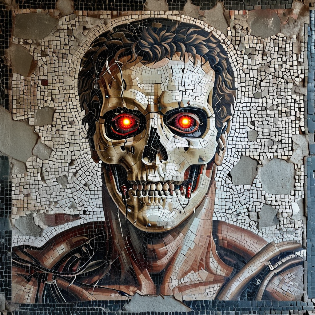 photo, mosaic of the terminator robot, metal body, glowing eyes <lora:Roman_Mosaic:0.8>,