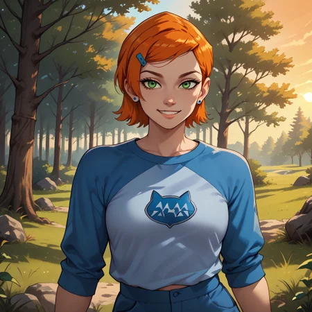 score_9, score_8, BREAK, solo, 1girl, pale skin, green eyes, short orange hair, hair clip, sapphire earrings, blue raglan shirt with a cat logo, white capri pants, sexy pose, self portrait, smile, outdoors, sunlight, shadows, evening lighting, natural lighting, forest, trees, grass, orange sky, sunset