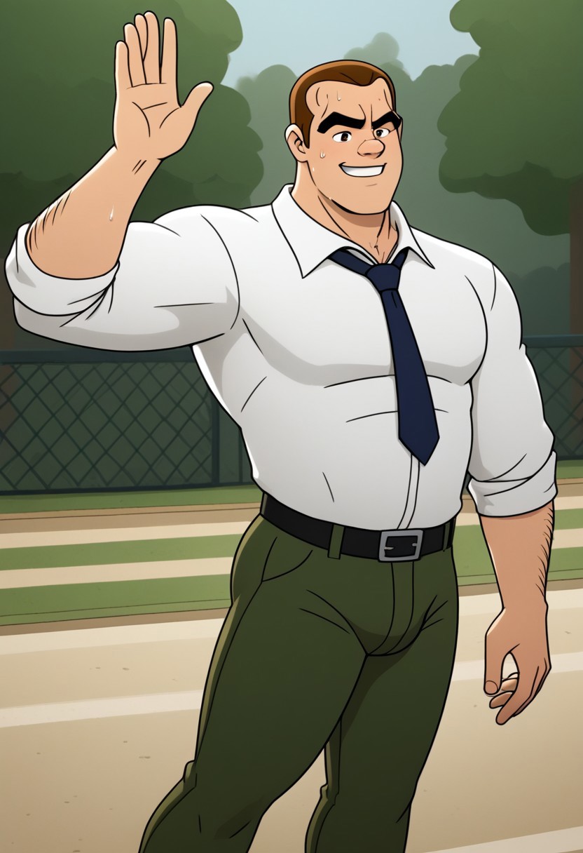 Score_9, cartoon style, 2D, Rick buck, 1man, solo, mature man,  Brown hair, thick eyebrows, brown eyes, muscular body, white shirt, dark green pants, dark blue tie, black belt, hair on arms, waving, smiling, in the park, tight clothes, sweaty, sweat stains, Bulge, siting, Open legs,