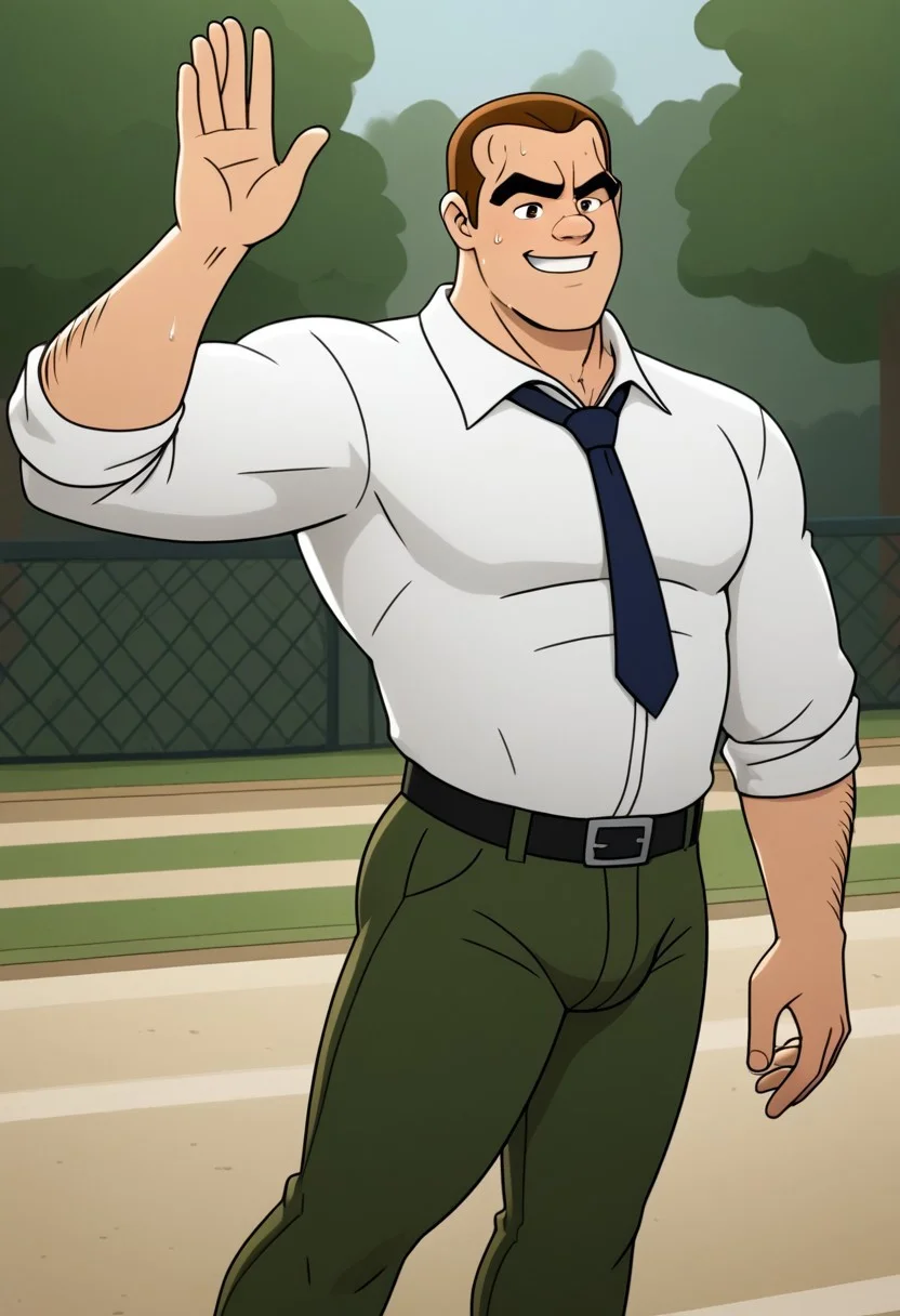 Score_9, cartoon style, 2D, Rick buck, 1man, solo, mature man, Brown hair, thick eyebrows, brown eyes, muscular body, white shirt, dark green pants, dark blue tie, black belt, hair on arms, waving, smiling, in the park, tight clothes, sweaty, sweat stains, Bulge, siting, Open legs,