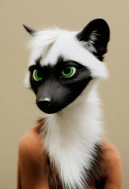 Lemur, green eyes, two tone fur, orange and white fur, brown strip down back,